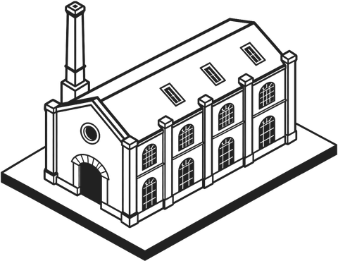 Dessin au trait, en perspective isométrique, d'un corps de bâtiment de la Manufacture avec sa cheminée.